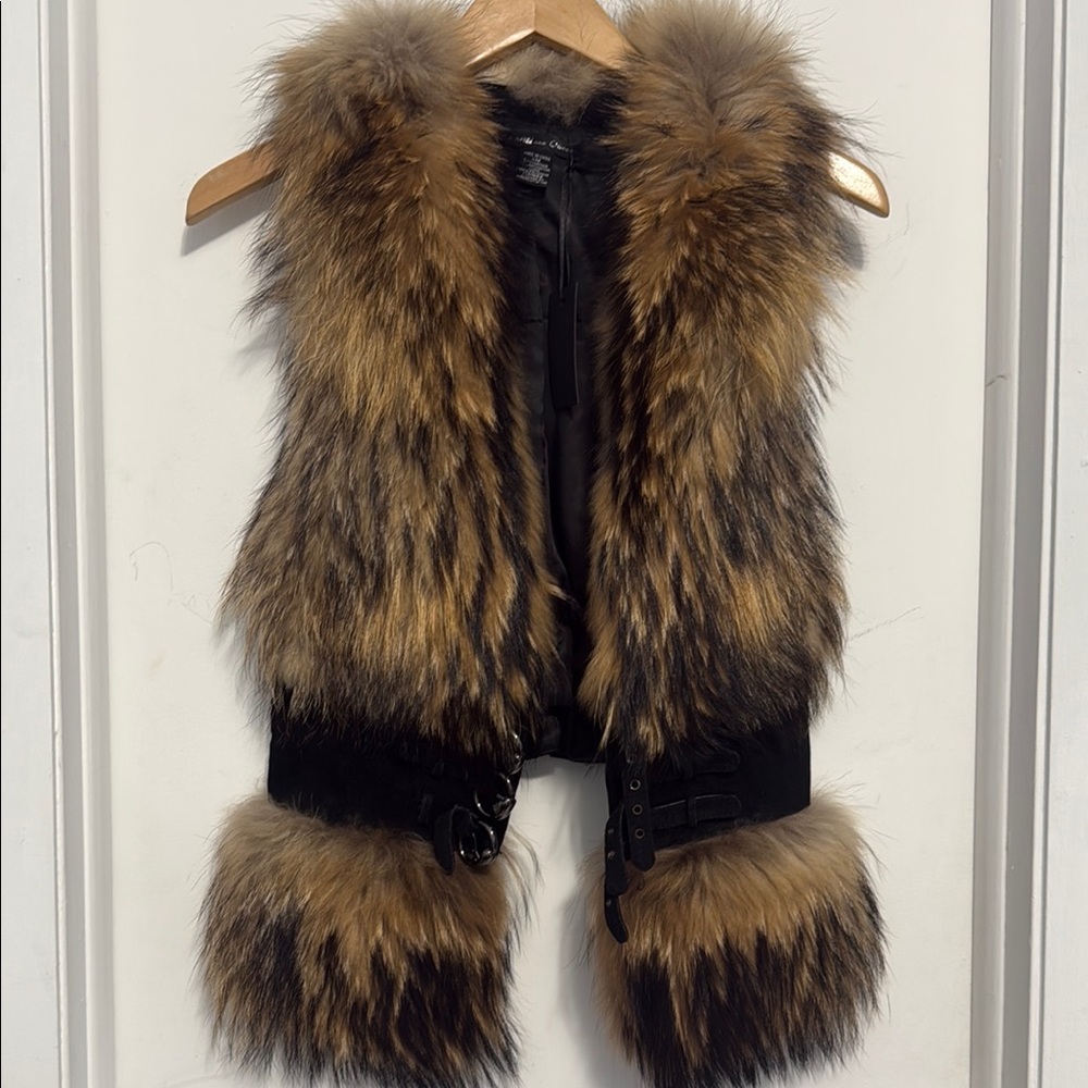 Real Fur and Suede Vest with Buckle Details in Brown & Black